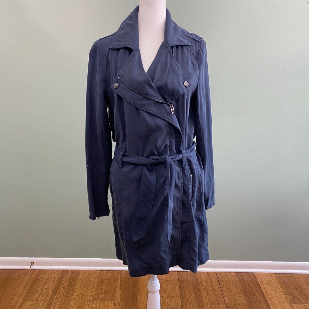 BLANKNYC Trench Coat Womens XS Blue Tencel Full Zip Belted Lightweight High Seas